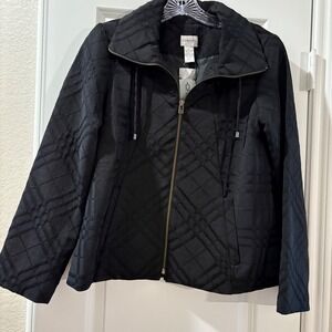 Chico's Quilted Jacket Black Diamond Pattern Zip Front Collared Size 0